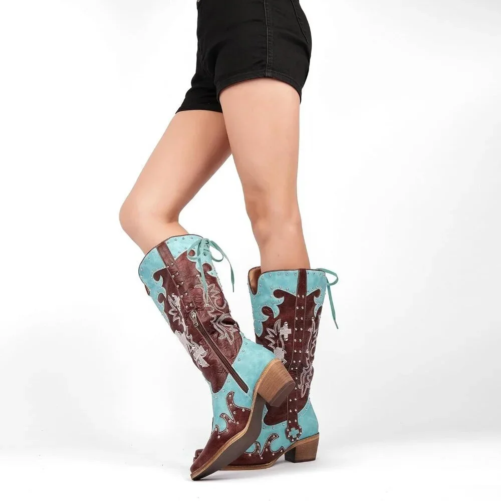 Women's Brown Embroidered Knee High Studded Two-Tone Pathwork Cowboy Boots